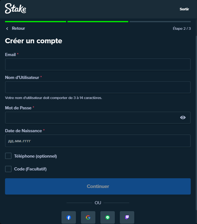 aanmeldformulier op de website van Stake Casino